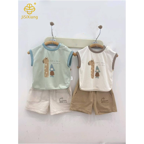 만화 어린이 체크 무늬 짧은 소매 세트