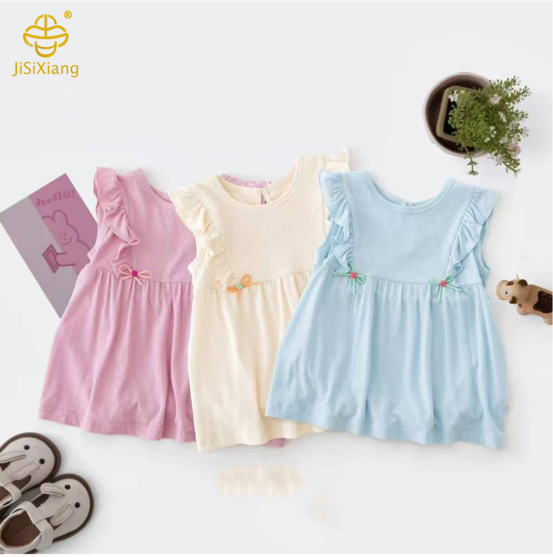 소녀의 레이스 장식 민소매 드레스