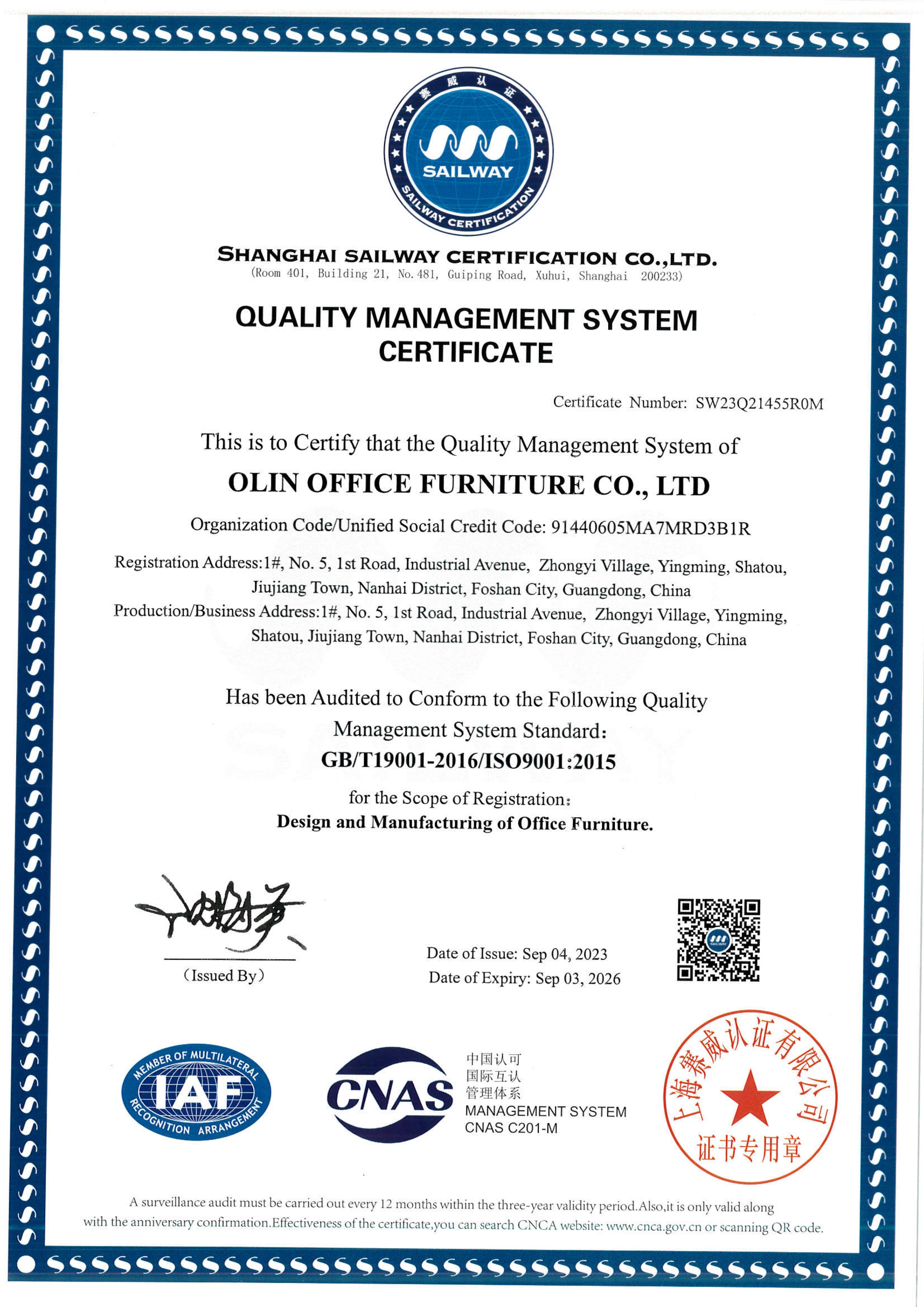 ISO 9001:2015 Quality Management System Certificate