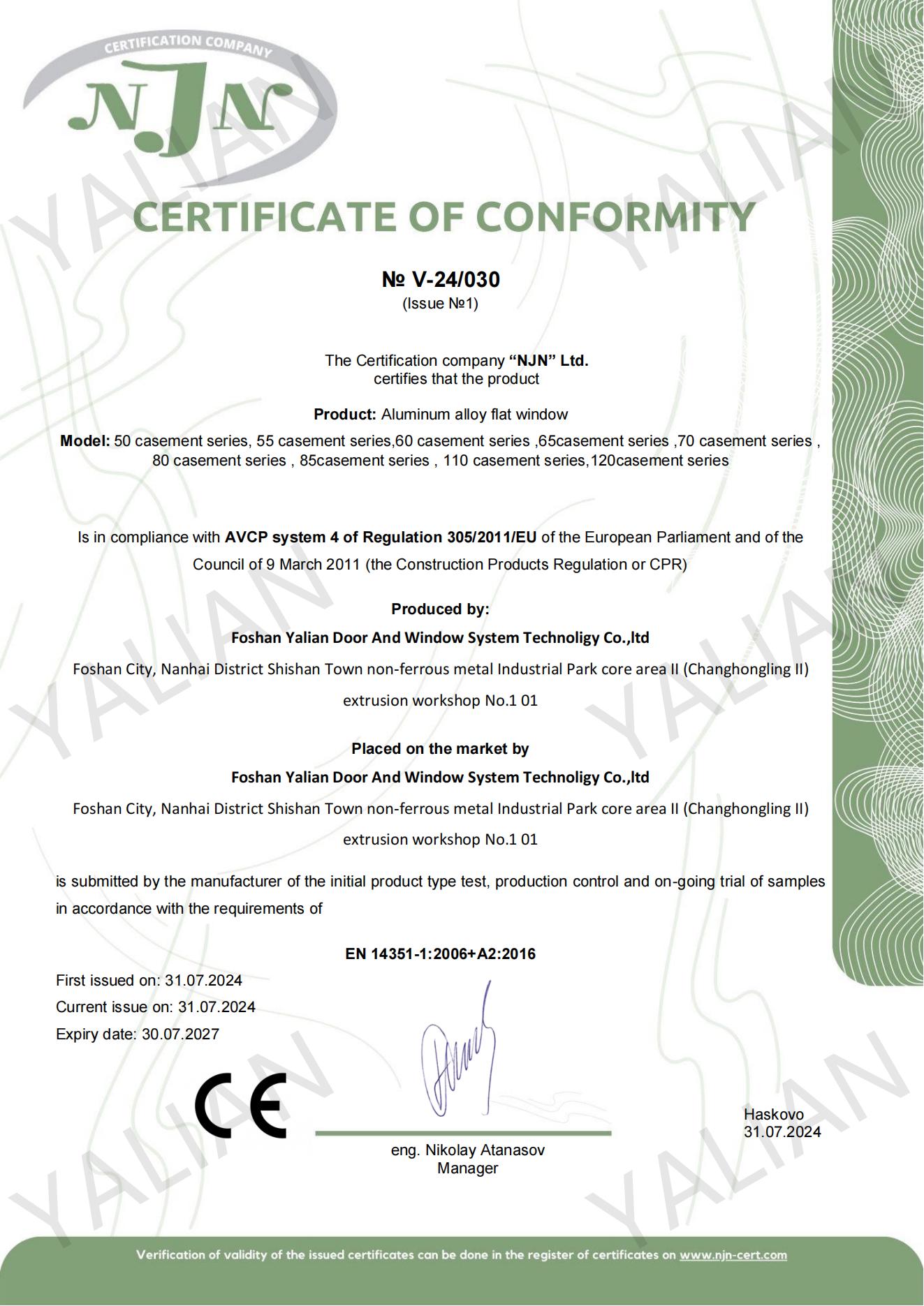 Casement Window CERTIFICATE OF CONFORMITY
