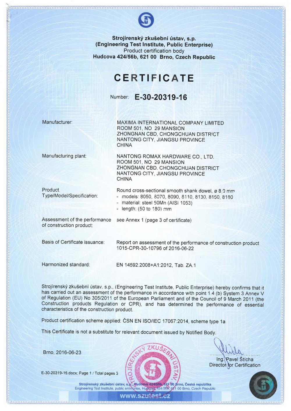 EN14592 CE CERTIFICATE SMOOTH SHANK DOWEL