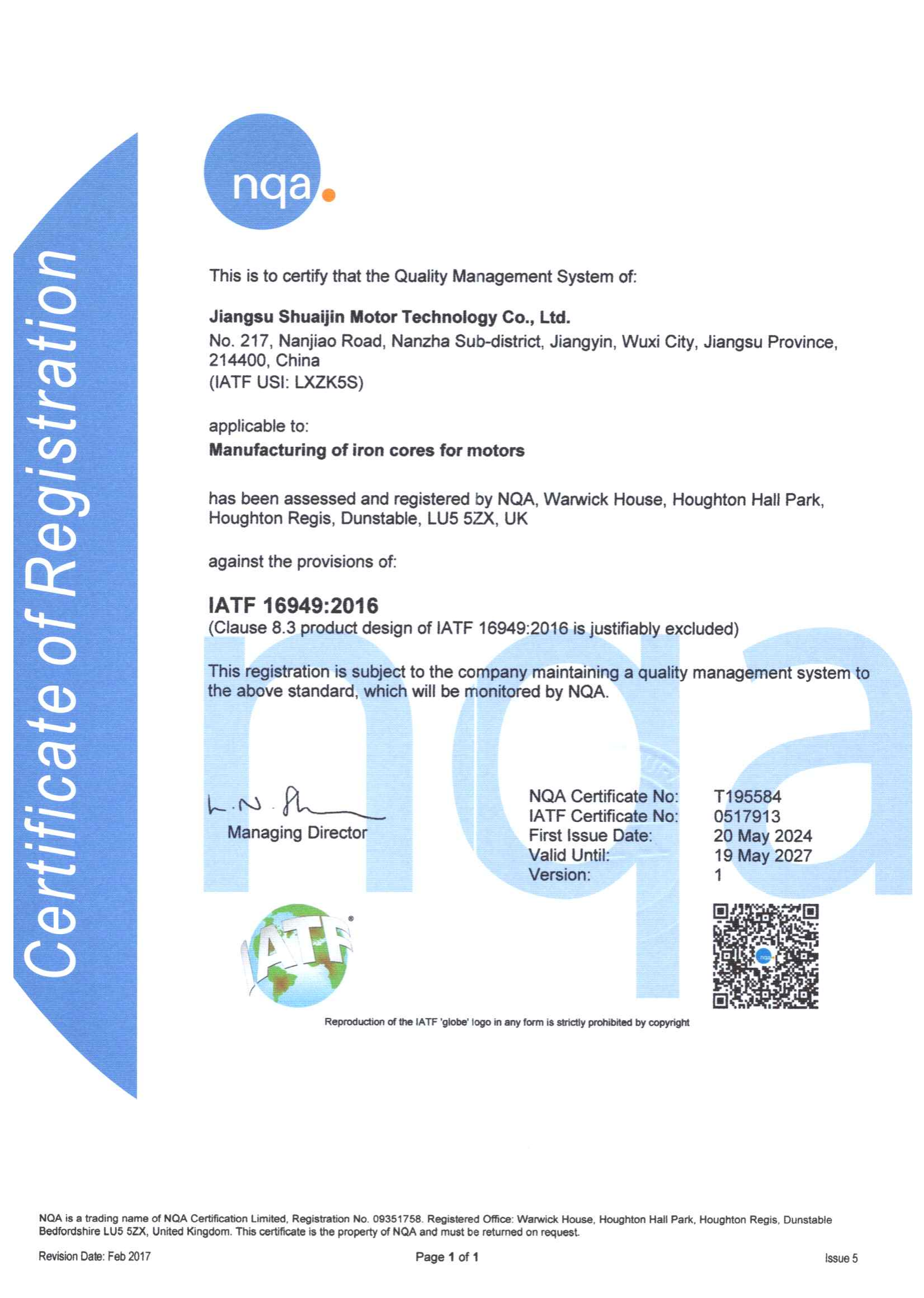 IATF 16949:2016 Quality Management System Certification Certificate