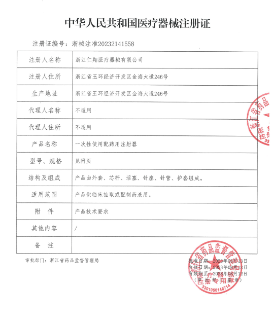 Registration Certificate for Medical Devices of the People's Republic of China