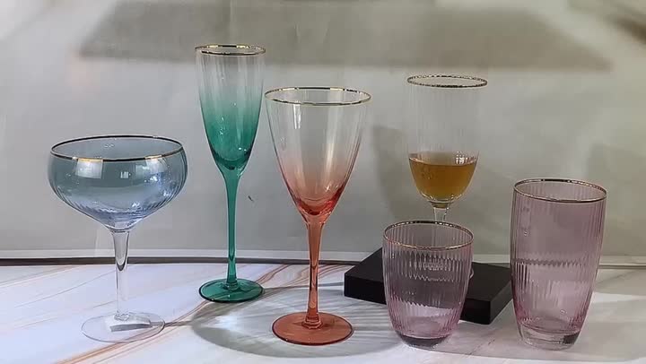 ribbed champagne glass set with gold rim