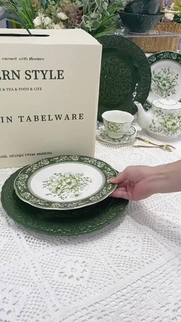 French vintage dark green ceramic tableware set