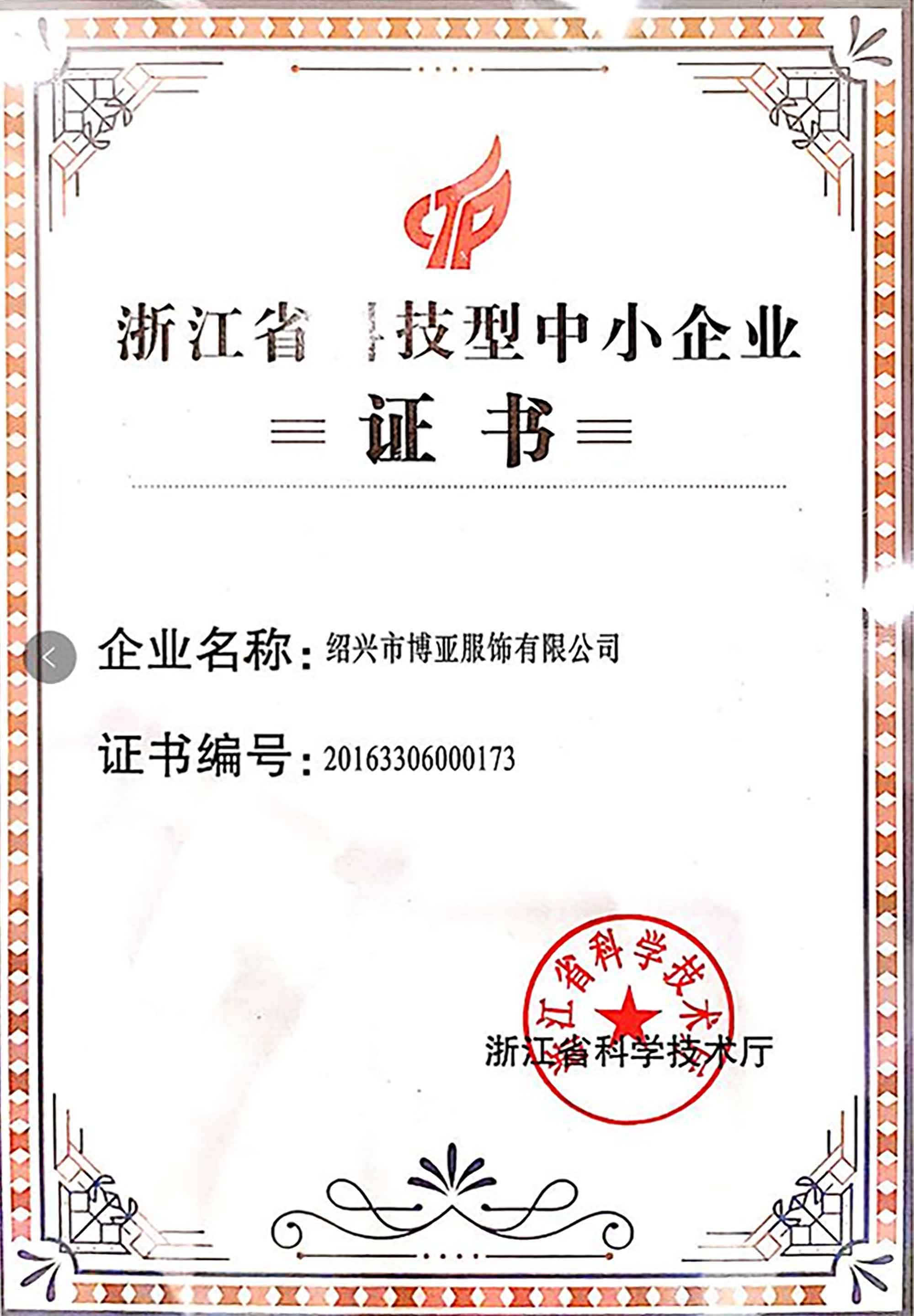 浙江省科技型中小企业证书