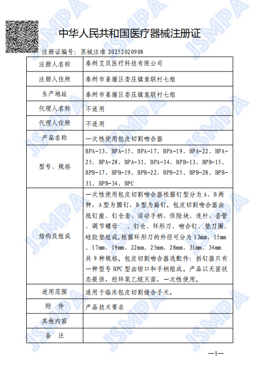 Medical Device Registration Certificate of the People's Republic of China