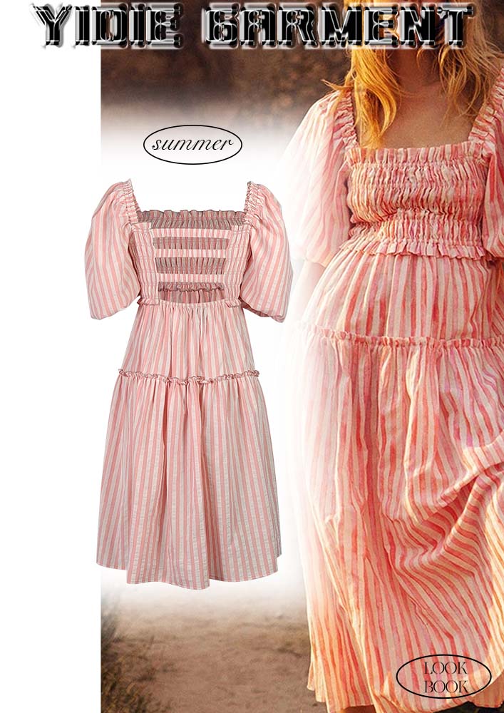 Striped Tiered Midi Dress In Pink 