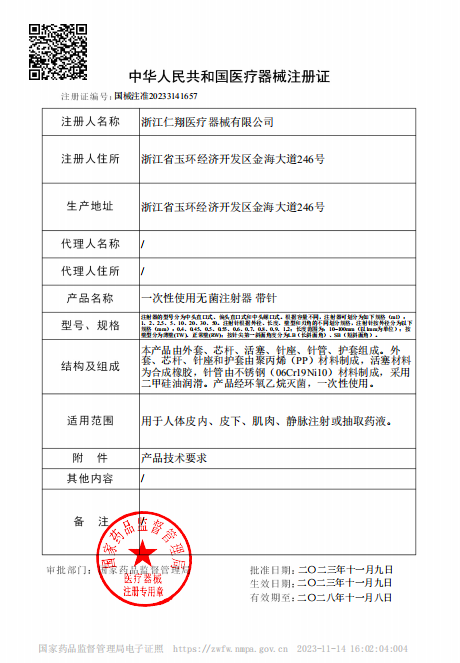 Medical Device Registration Certificate of the People's Republic of China