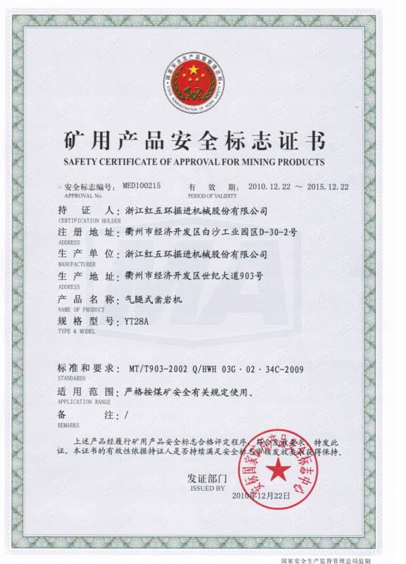 Safety Certificate of Approval for Mining Products