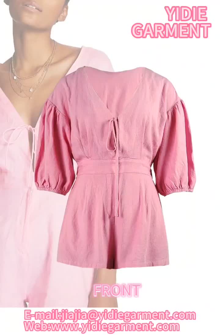 Puff-Sleeved Cotton and linen Romper - SDHKAN23323