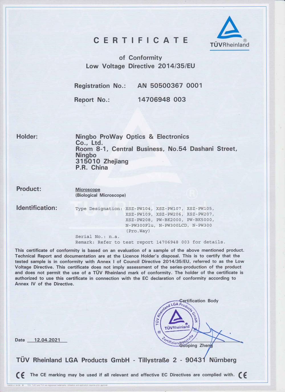 Certificate of Conformity Low Voltage Directive 2014/35/EU