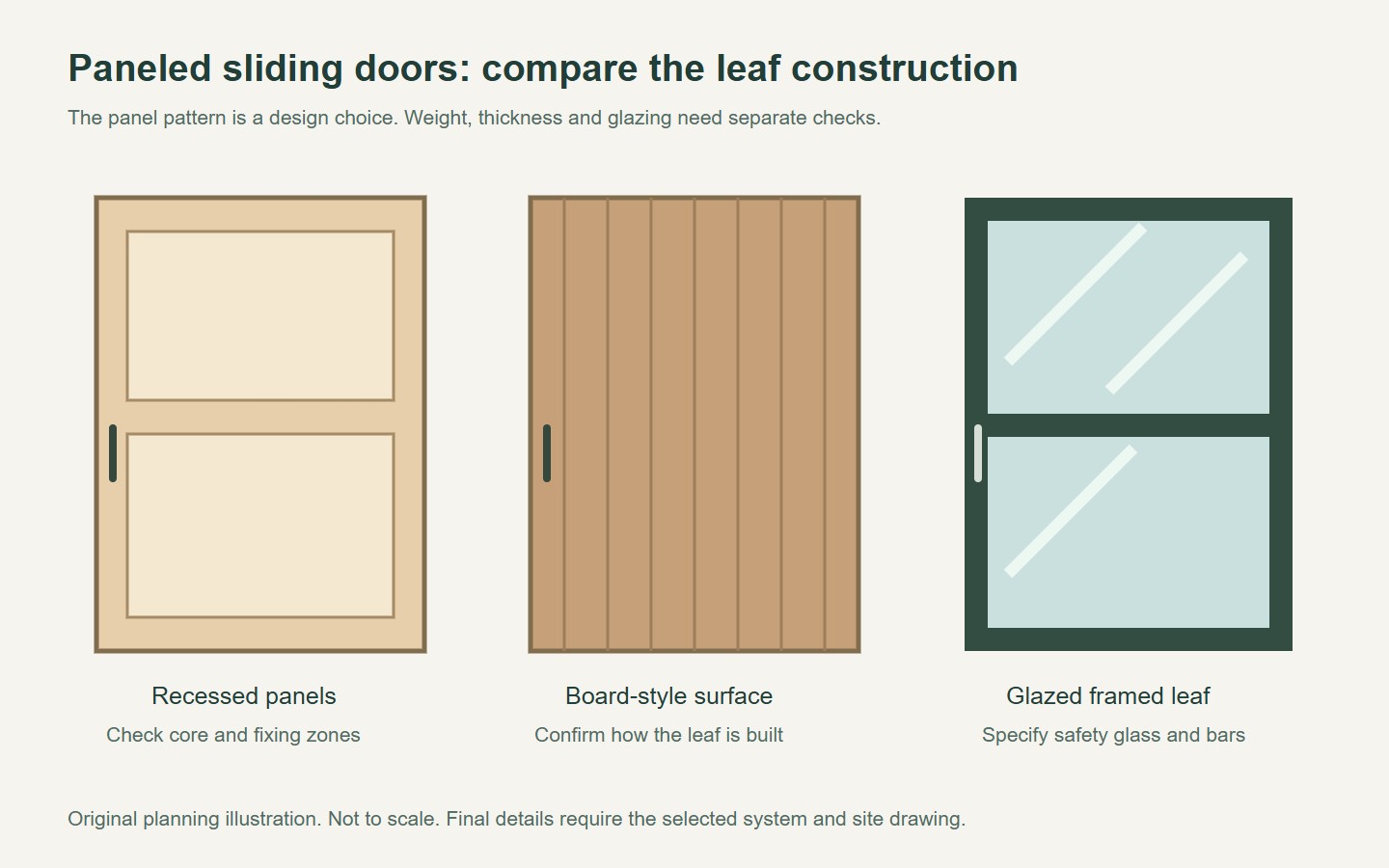 Original comparison of recessed-panel, board-style and framed-glass sliding door leaves
