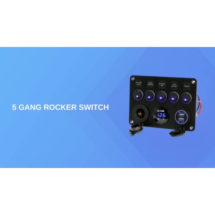 5 Gang Marine Rocker Switch Panel ON-Off Toggle Switch Panel Waterproof Blue LED Dual USB Socket Charger + Voltmeter1