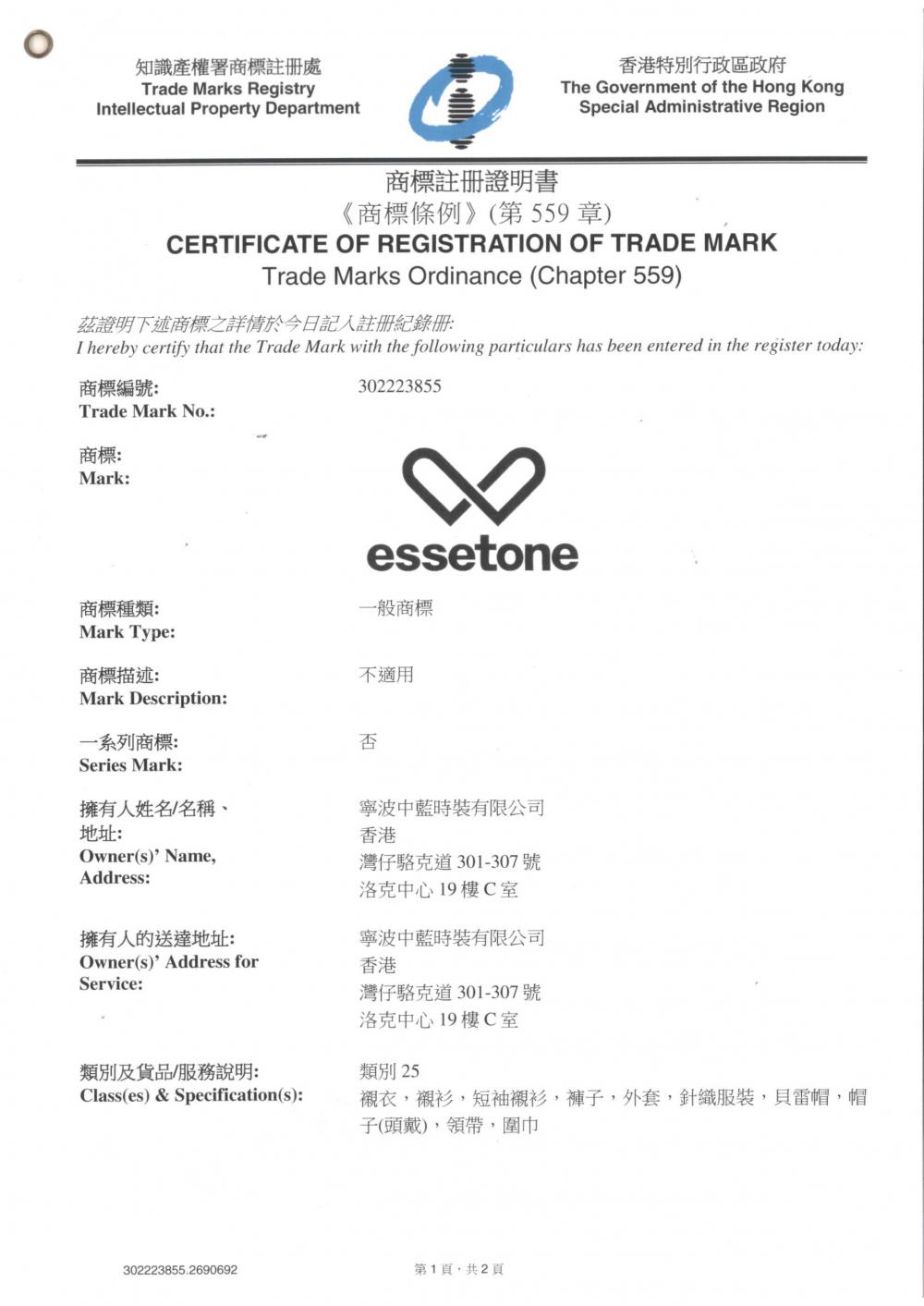 certificate of registration of trade mark