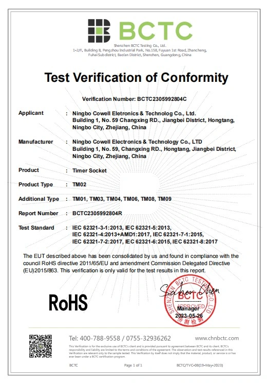 Certificates NINGBO COWELL ELECTRONICS & TECHNOLOGY CO., LTD