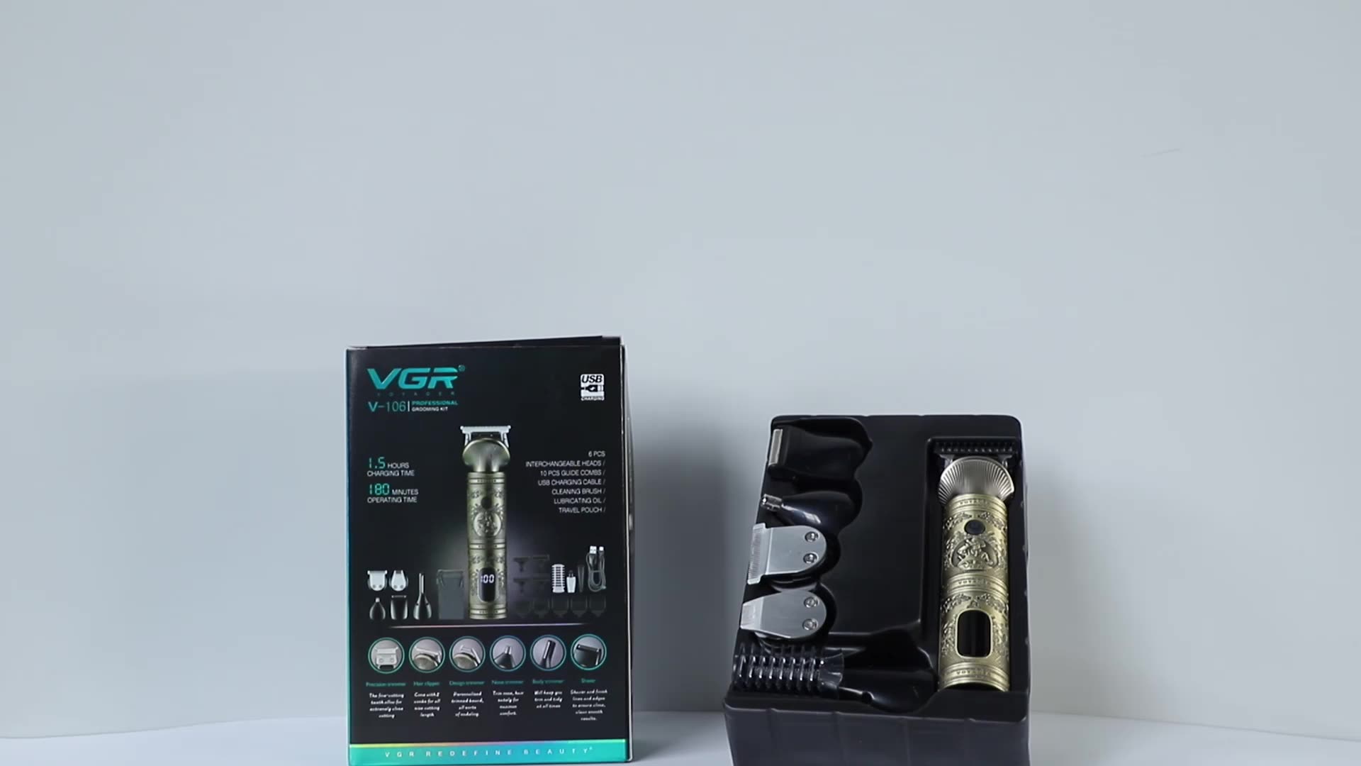 VGR V-106 6 trong 1 Bộ chải chuốt Beard Bleach Moss Body Tông đơ chuyên nghiệp Tóc tóc không dây Tóc tóc Clipper Set for Men1