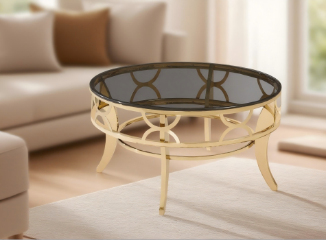 Mesa de café de vidrio gris ahumado con marco de oro - pieza central de lujo moderna