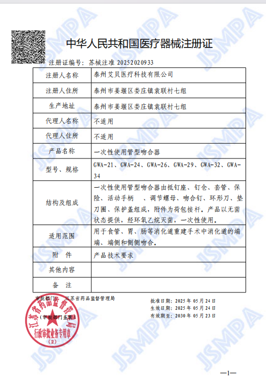 Medical Device Registration Certificate of the People's Republic of China