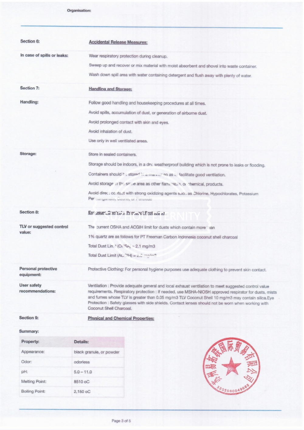 Material Safe Data Sheet of Coconut Shell Charcoal