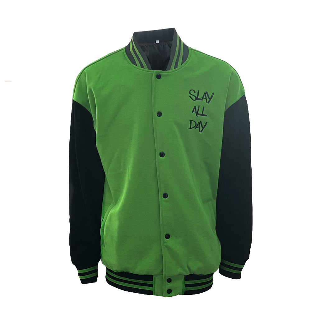 green embroidery screen print varsity jacket