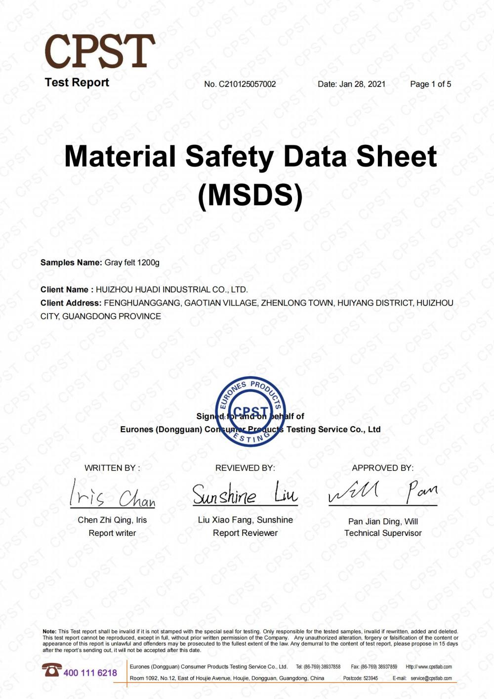 Gray Felt MSDS Test Report