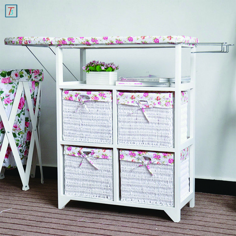 Pastoral Style White Folding Ironing Board Wooden Storage Cabinet with 4 Storage Drawers