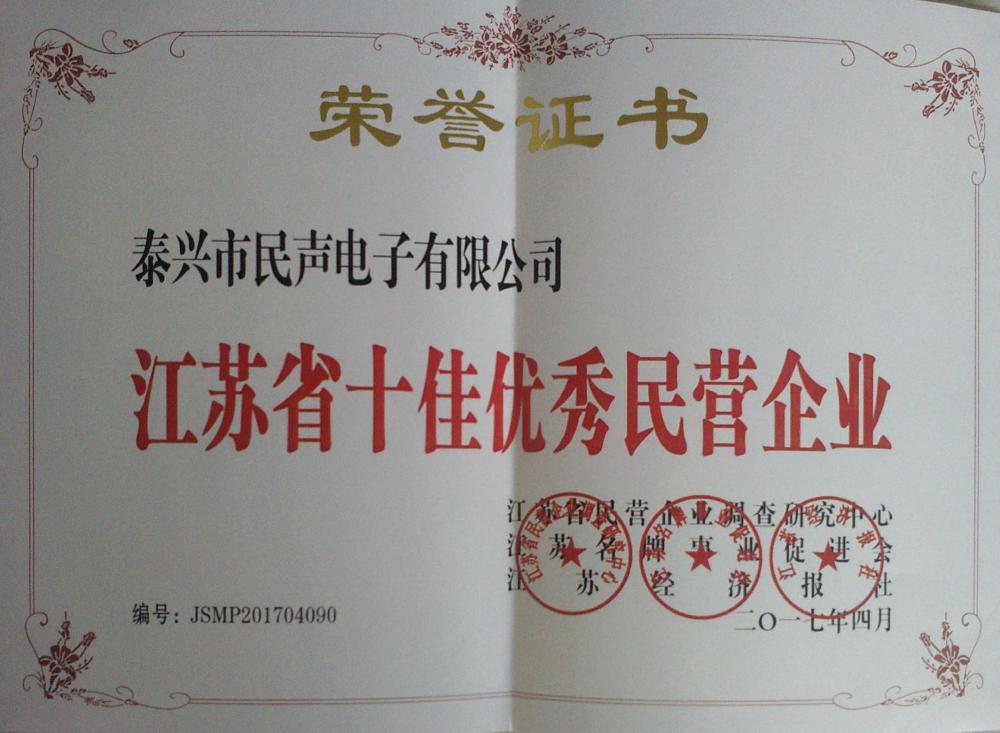 Certificate of Honor(Top ten outstanding Private enterprises in Jiangsu Province) 