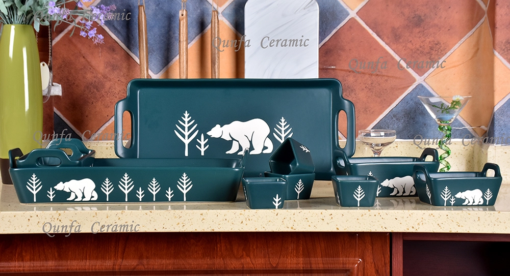 Environmental theme forest bear design microwave safe porcelain heat resistant rectangular ceramic baking dish