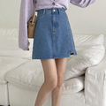 Stylish High Waist Asymmetrical Hem Denim Skirt: A Summer Casual Fashion Piece with Colored Wash, Sweet Pockets, and Button Details1