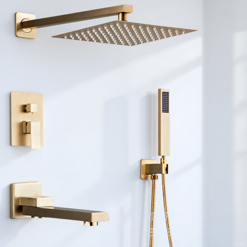 製品名: ハンドヘルドスプレーと浴槽の蛇口を備えたゴールドスクエアレインシャワーシステム