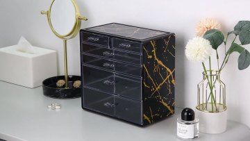 Elegant Black Marble Plastic Makeup Organizer with 6 Dividers1