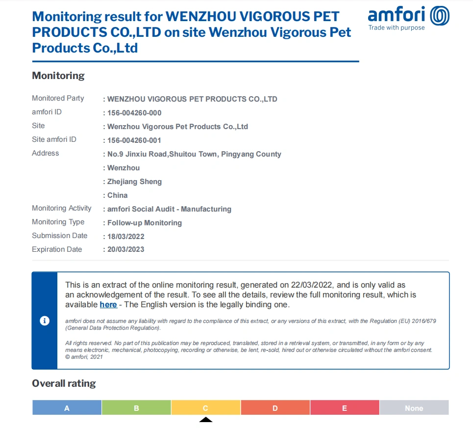 証明書 Wenzhou Vigorous Pet Products Co.,Ltd