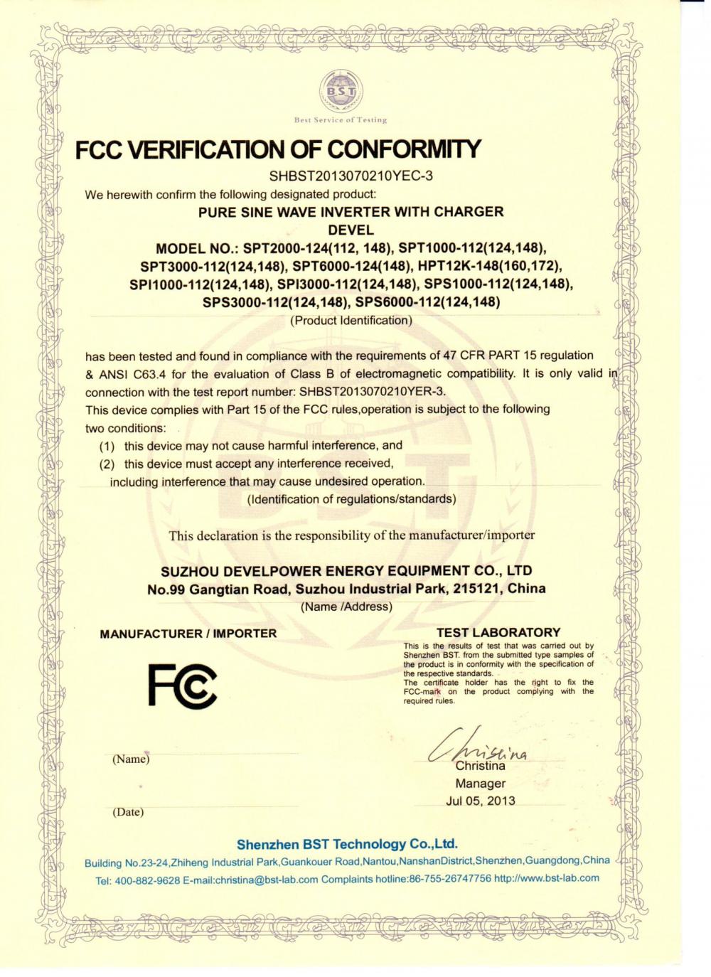 FCC Verification of Conformity