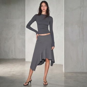 Gray Asymmetric Midi Skirt with Wavy Hem