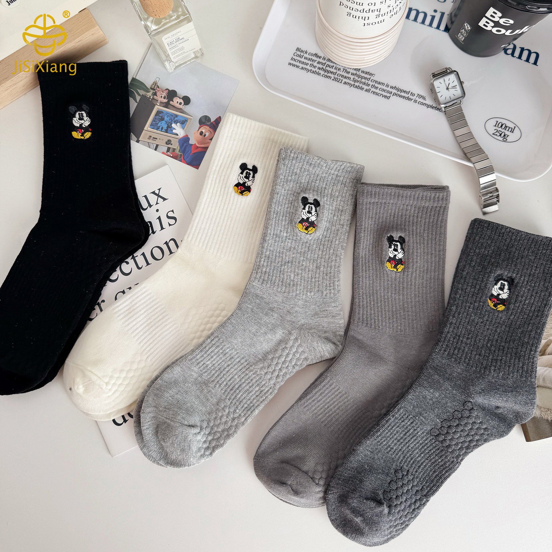 한국 만화 미키 마우스 미드 튜브 자수 양말 더미 양말
