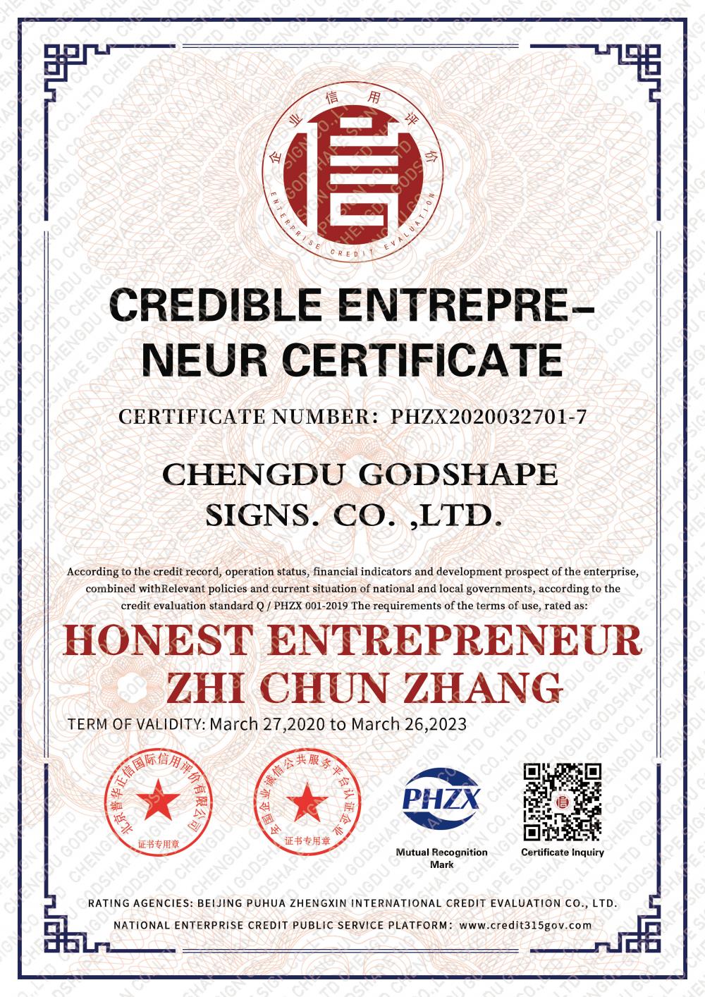 CREDIBLE ENTREPRE-NEUR CERTIFICATE