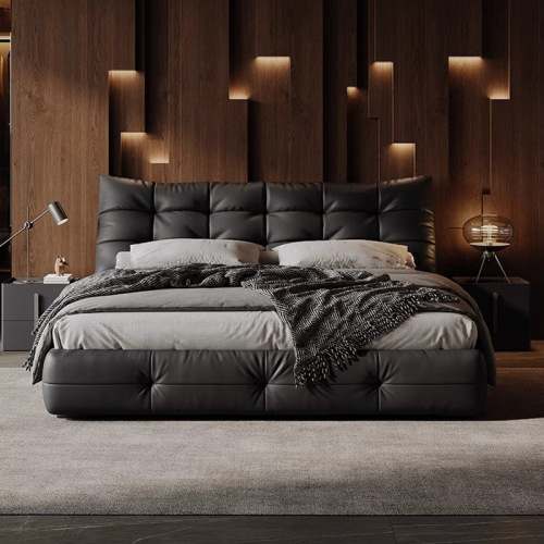 Big black bear bed Italian minimalist leather bed Master bedroom high-end atmosphere 2024 new wedding bed bedroom soft bag double bed