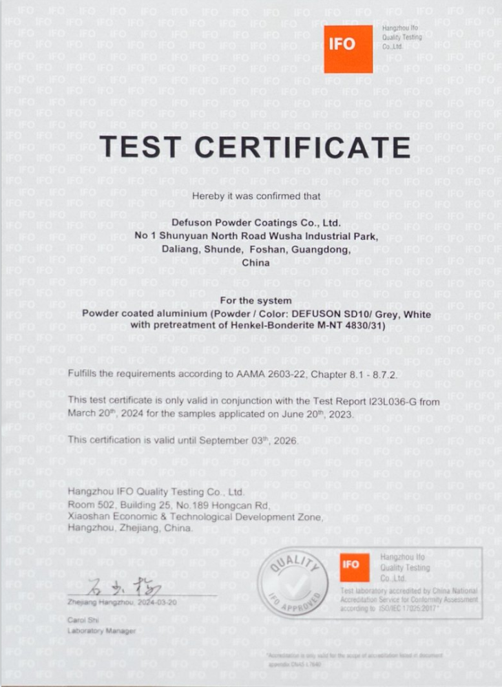 Test certificate of AAMA2603