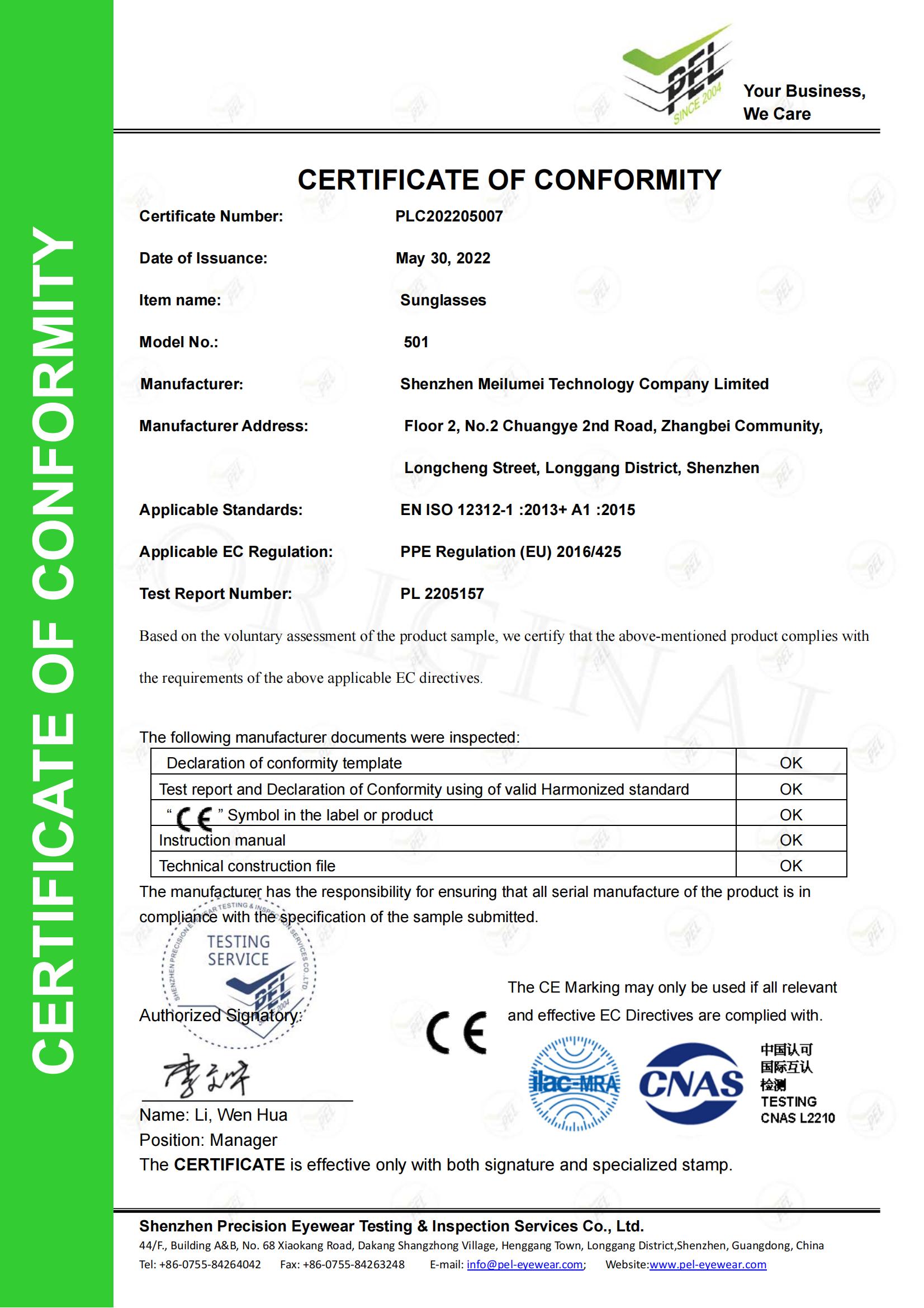CERTIFICATE OF CONFORMITY