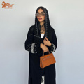 مد جدید مشکی آستین بلند عبای باز با مهره حجاب آستین الماس زنان مسلمان کیمونو ژاکت کش باف پشمی خاورمیانه1