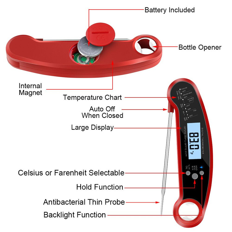 Direct gelezen vleeshermometer voor koken, waterdichte digitale voedingsthermometer met magneet