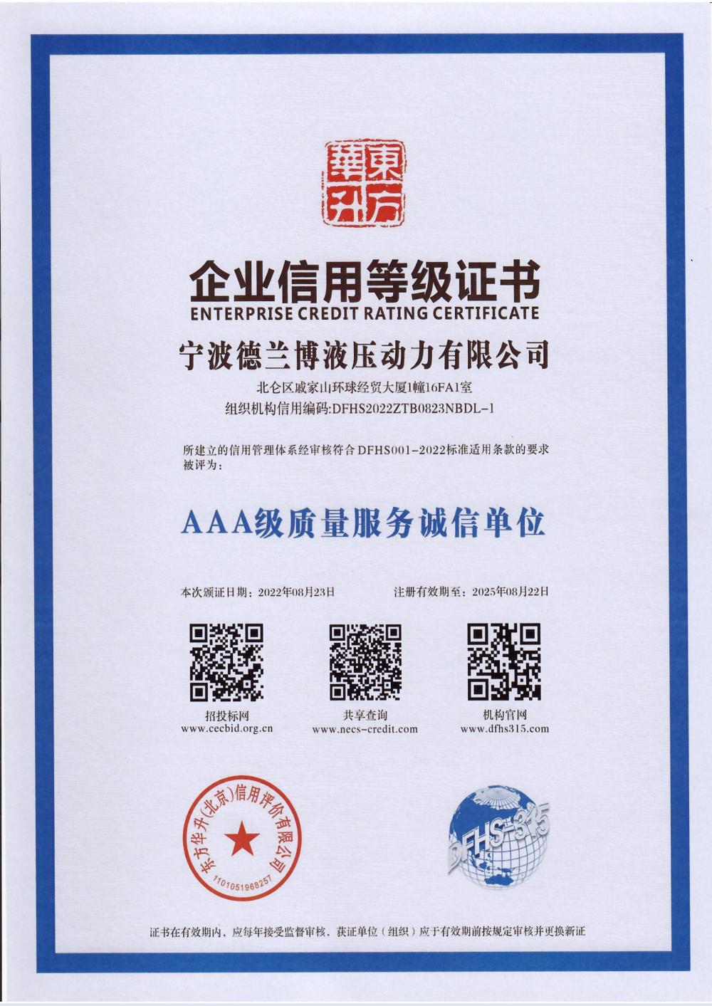 Enterprise credit rating certificate