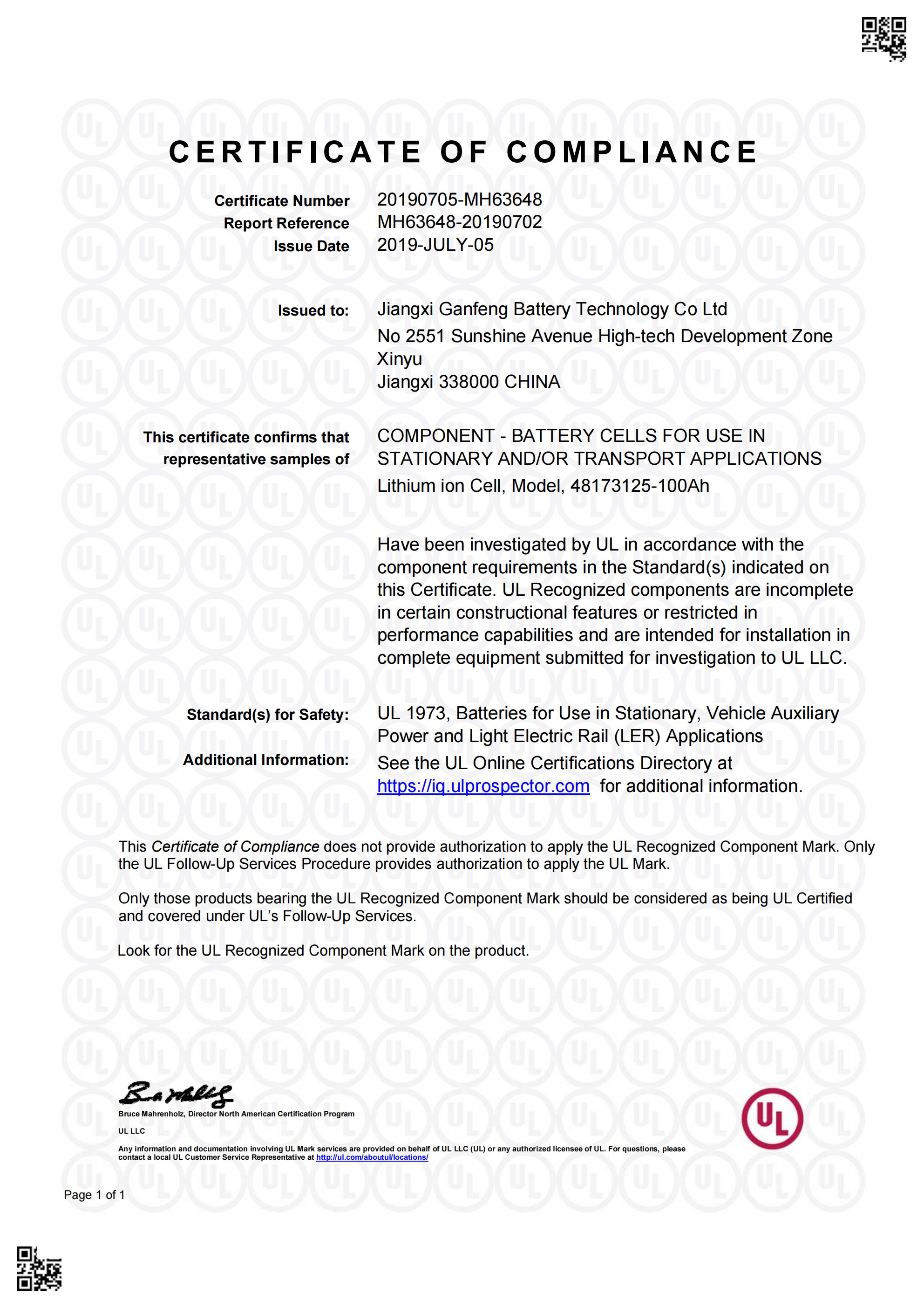 UL Recognized Component certification for lithium ion cell, tested against UL 1973 standard