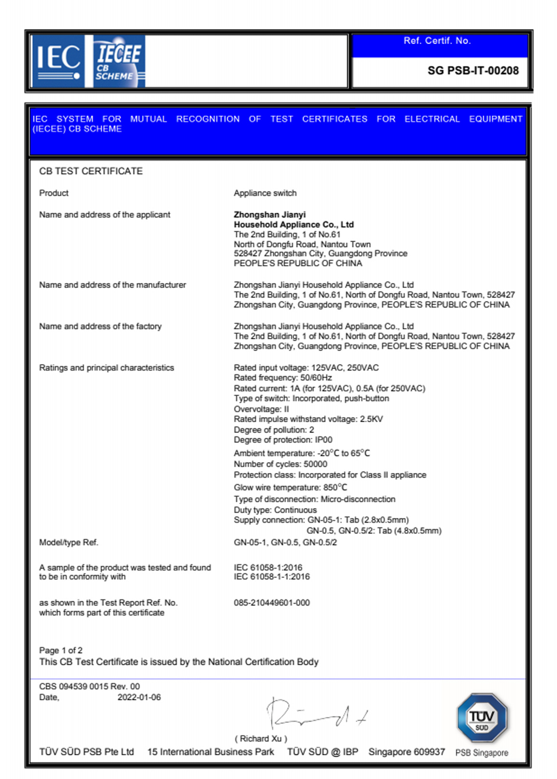 CB certificate for switch IEC