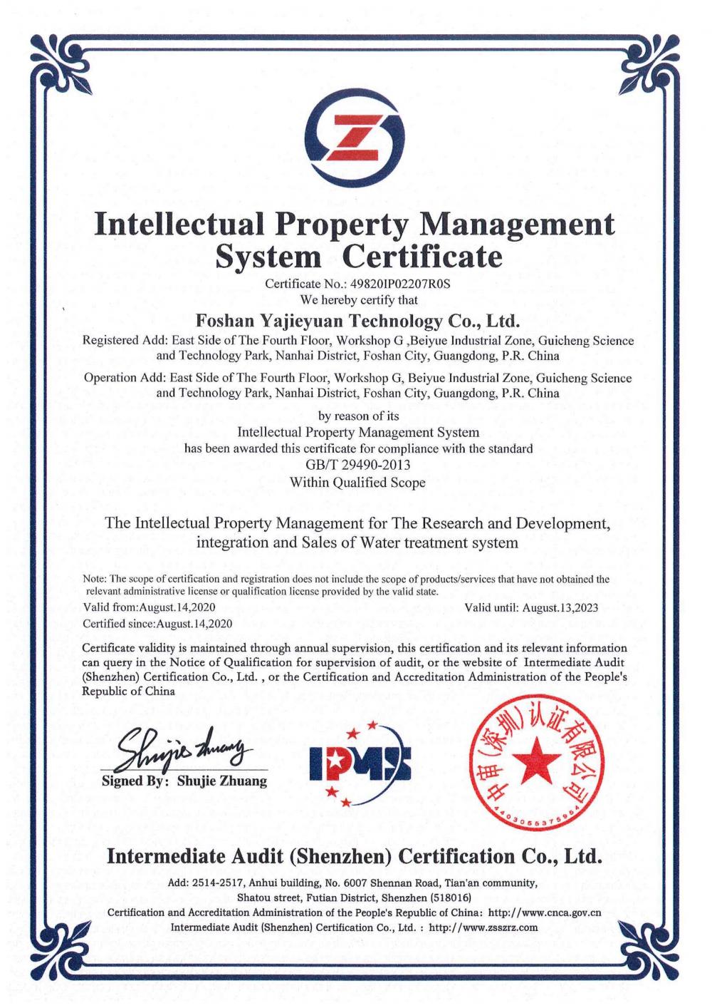 Intellectual property management system certification