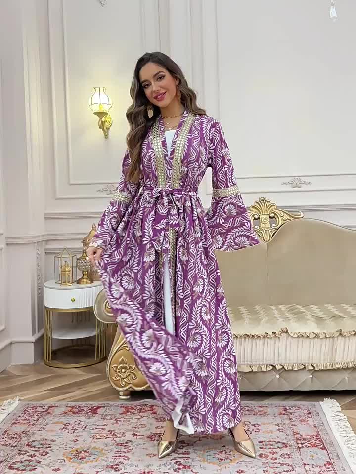 طقم فستان عباية مطرزة بحزام (1)