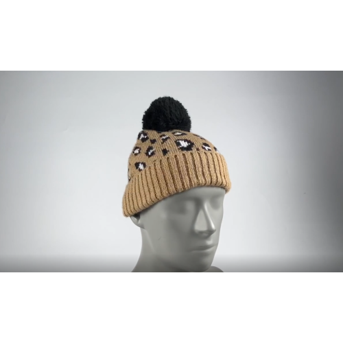 knitted jacquard winter hat with pom