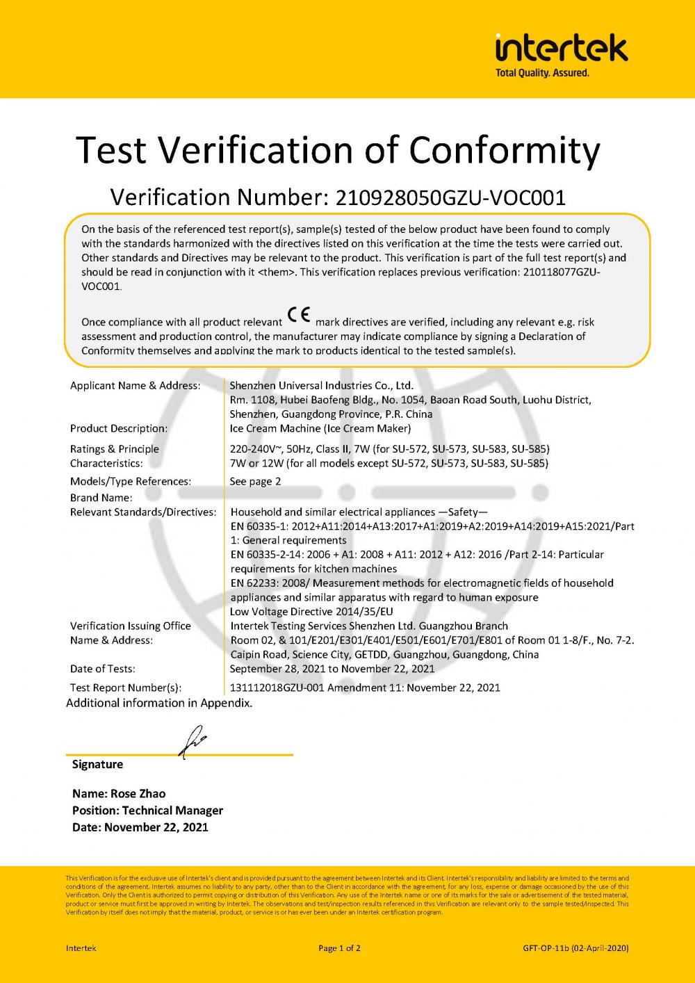 ICECREAM MAKER LVD CERTIFICATE