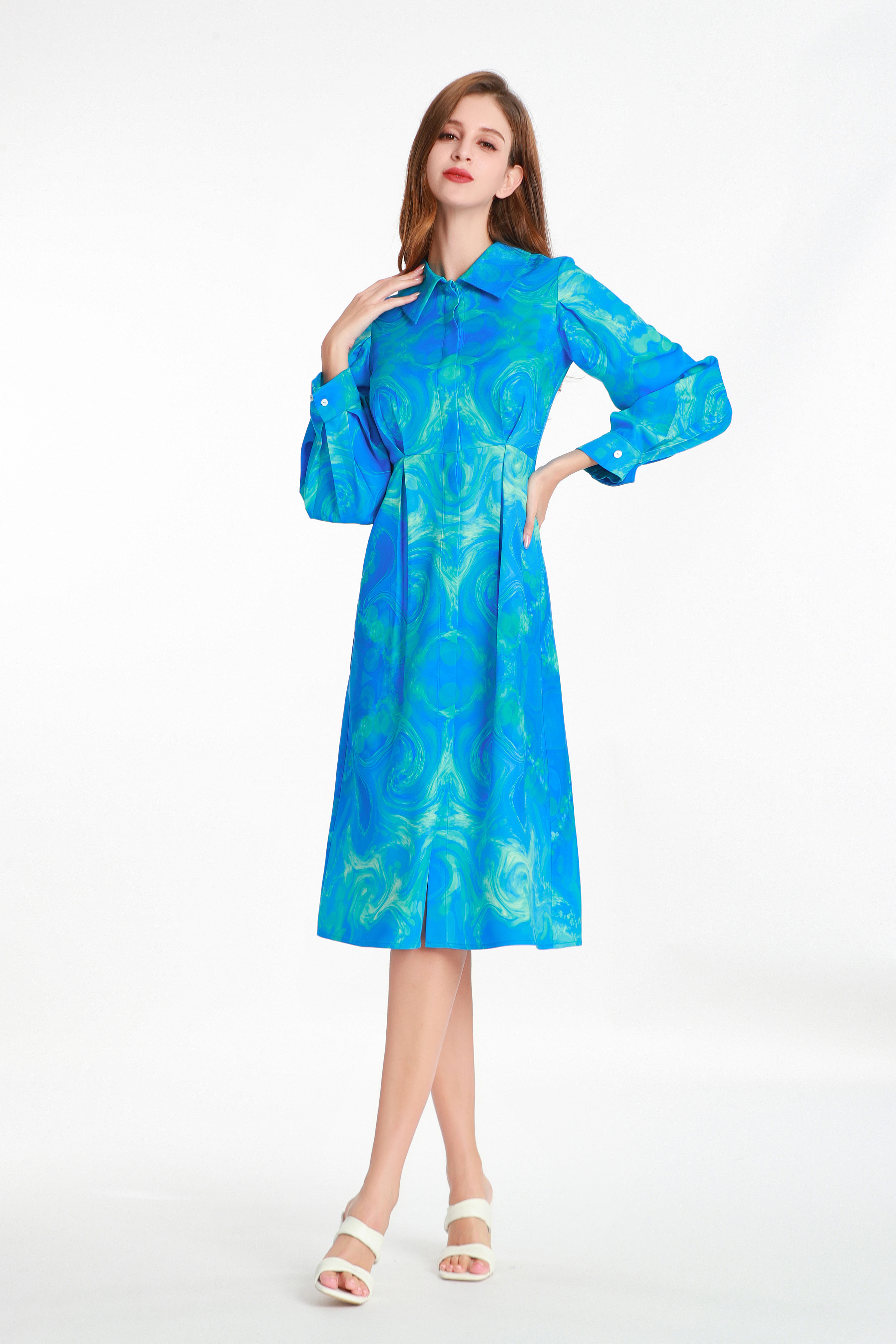 Shirt-style Long Sleeve Printed Dress